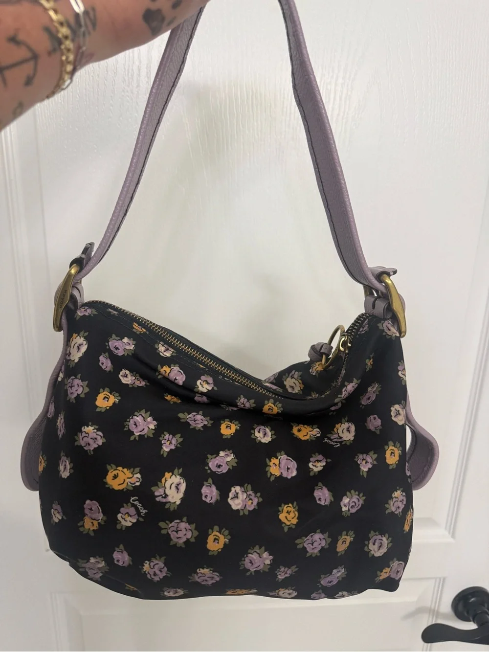 Vintage Coach Shoulder Bag Black Nylon Rose Print Lavender Leather No.A2022 596